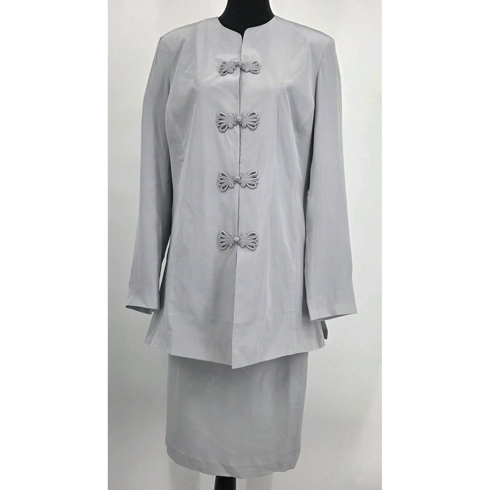 Vintage Lew Magram 100% Silk Skirt Suit 12 Asian Inspired No Collar Jacket